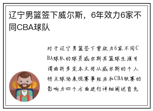 辽宁男篮签下威尔斯,6年效力6家不同CBA球队 辽宁男篮签下威尔斯,6年效力6家不同CBA球队